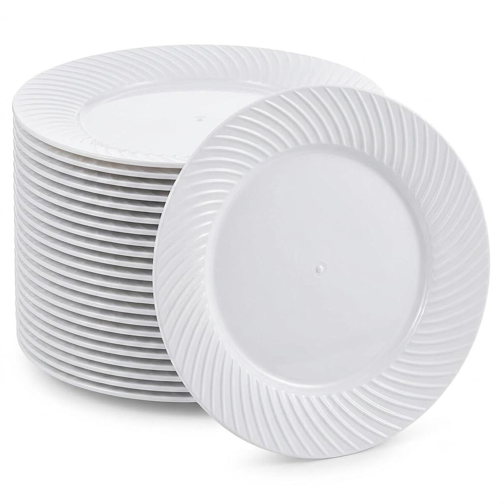 Glownary Wave Plastic Plates, 9 Inch White, Round Scalloped Edge, BPA Free, Polystyrene, for Events and Weddings, 180 Count