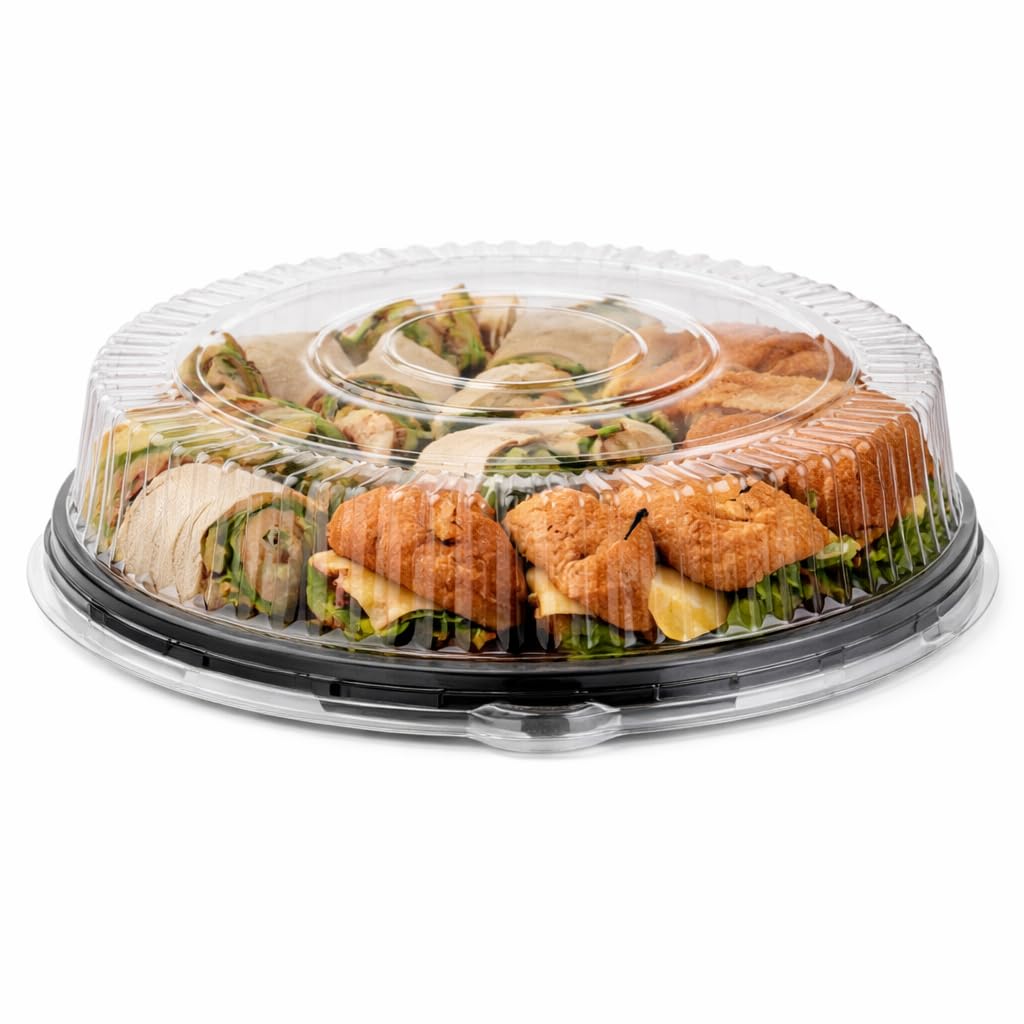 Glownary 18 Inch Round Black Plastic Catering Tray with High Dome Lid, PET Material, Stackable, BPA Free, 10 Pack