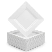 Glownary Square White Plastic Plates, 8 Inch, Wide Rim, BPA Free, Recyclable, 120 Count, for Events and Weddings