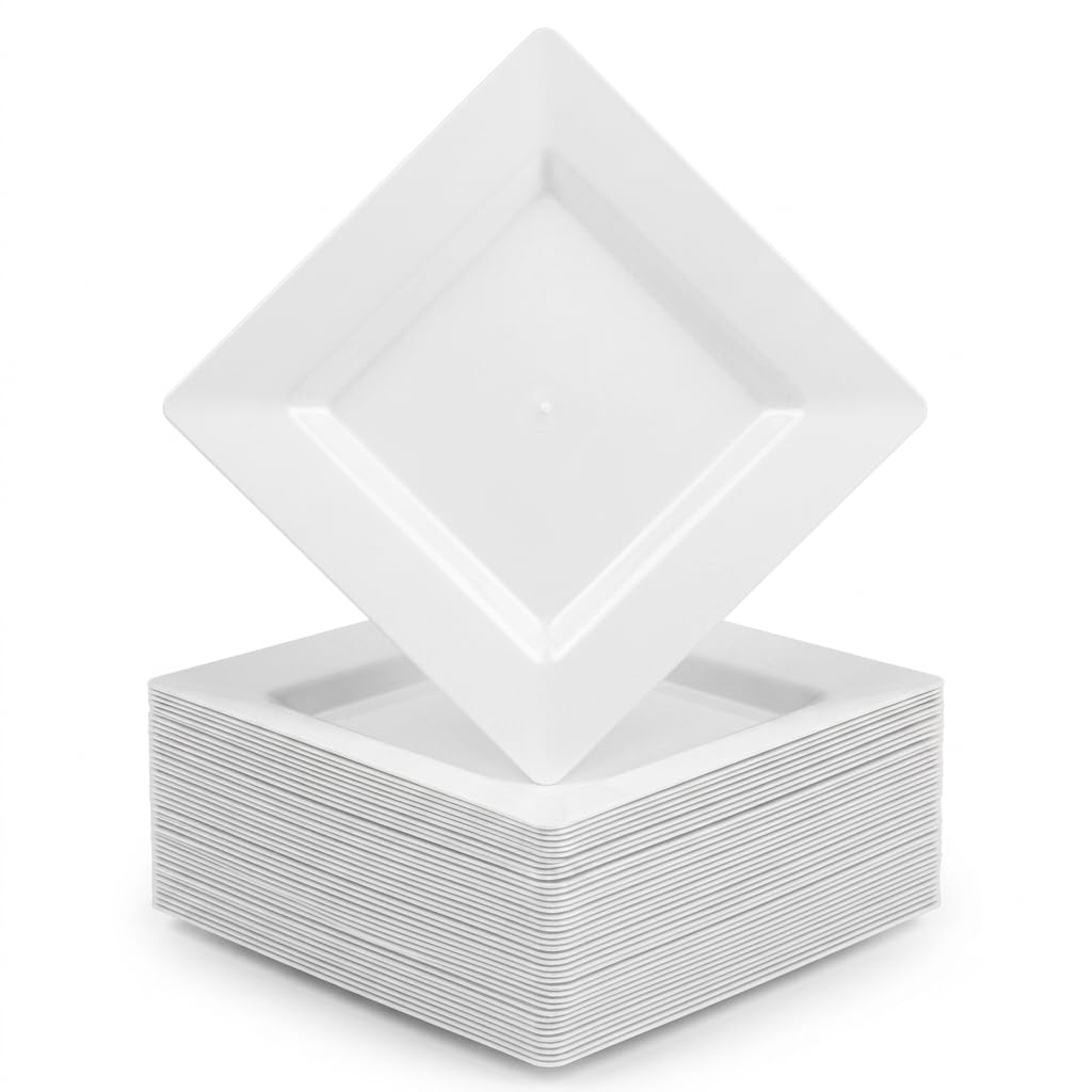 Glownary Square White Plastic Plates, 8 Inch, Wide Rim, BPA Free, Recyclable, 120 Count, for Events and Weddings