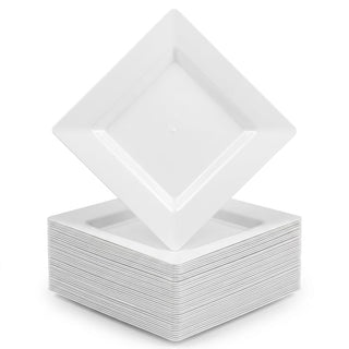 Glownary Square White Plastic Plates, 8 Inch, Wide Rim, BPA Free, Recyclable, 120 Count, for Events and Weddings