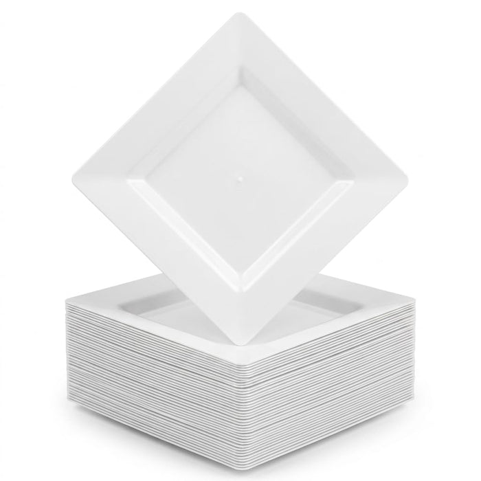 Glownary Square White Plastic Plates, 8 Inch, Wide Rim, BPA Free, Recyclable, 120 Count, for Events and Weddings