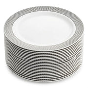 Glownary Lattice White Plastic Dinner Plates with Silver Decorative Pattern, 10 Inch, Round, BPA Free, 120 Count, for Events and Weddings