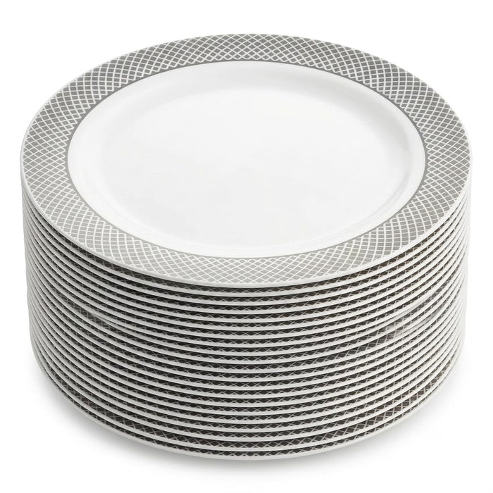 Glownary Lattice White Plastic Dinner Plates with Silver Decorative Pattern, 10 Inch, Round, BPA Free, 120 Count, for Events and Weddings