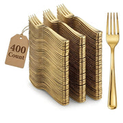 Glownary Classic Gold Plastic Forks, Heavy Weight, 7 1/4 Inch, 400 Count per Case, Disposable Metallic Flatware for Weddings, Parties, Catering