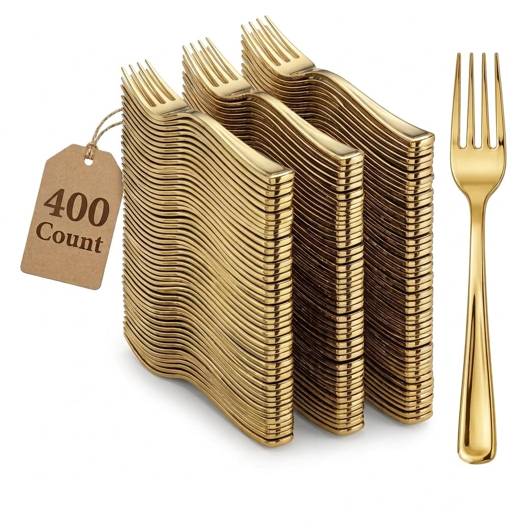 Glownary Classic Gold Plastic Forks, Heavy Weight, 7 1/4 Inch, 400 Count per Case, Disposable Metallic Flatware for Weddings, Parties, Catering