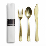 Glownary Classic Pre-Rolled Cutlery Set, Gold Plastic Utensils with White Linen-Feel Napkin, 18x15.5 Inch, Heavy Weight, 100 Count