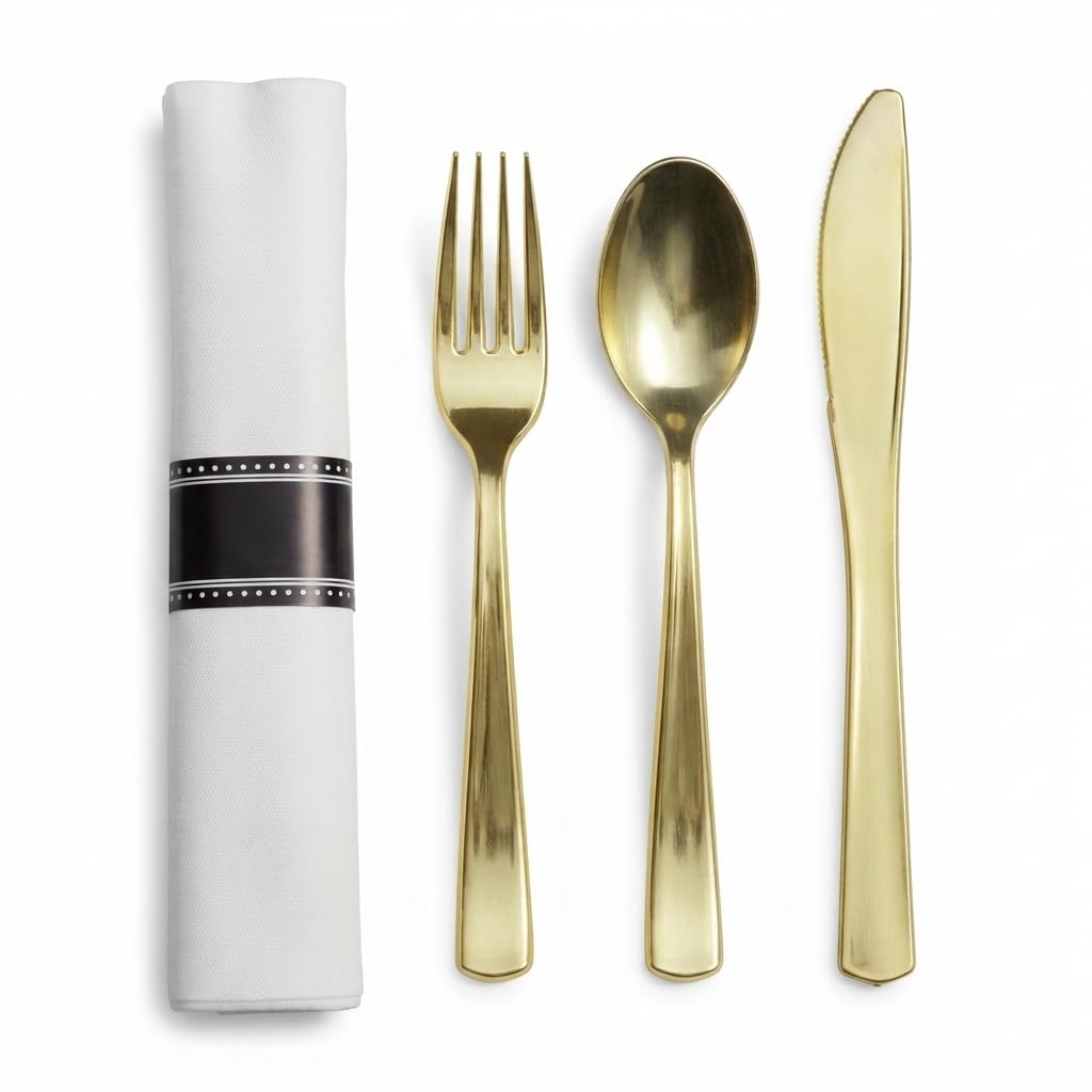 Glownary Classic Pre-Rolled Cutlery Set, Gold Plastic Utensils with White Linen-Feel Napkin, 18x15.5 Inch, Heavy Weight, 100 Count