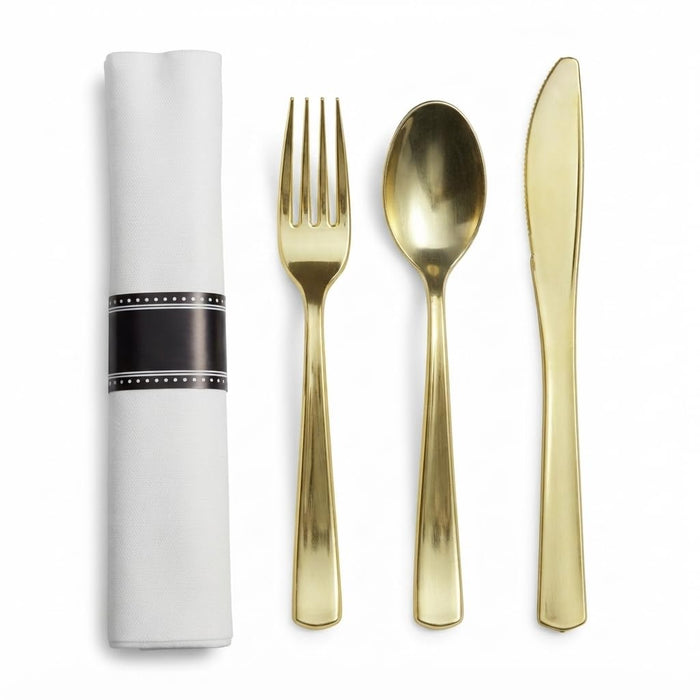 Glownary Classic Pre-Rolled Cutlery Set, Gold Plastic Utensils with White Linen-Feel Napkin, 18x15.5 Inch, Heavy Weight, 100 Count