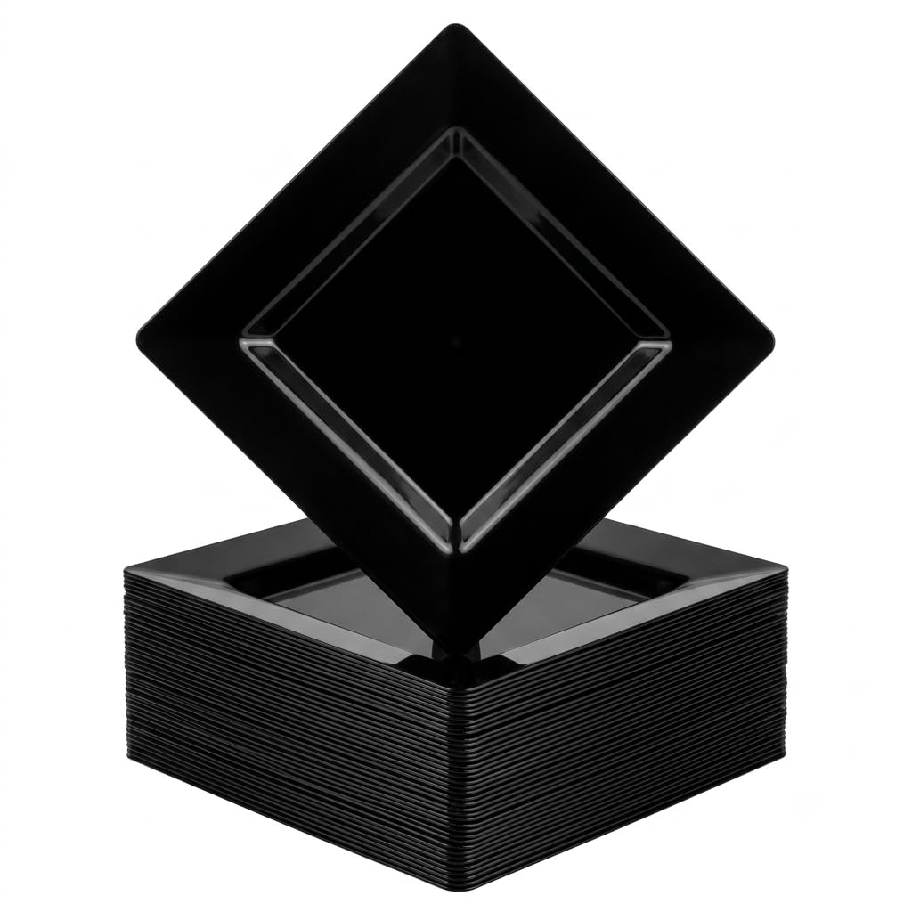 Glownary Square Black Plastic Plates, 8 Inch, Wide Rim, BPA Free, Recyclable Polystyrene, 120 Count, for Events and Weddings