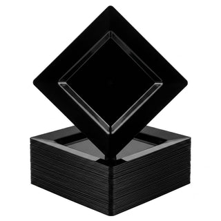 Glownary Square Black Plastic Plates, 8 Inch, Wide Rim, BPA Free, Recyclable Polystyrene, 120 Count, for Events and Weddings