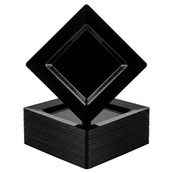 Glownary Square Black Plastic Plates, 8 Inch, Wide Rim, BPA Free, Recyclable Polystyrene, 120 Count, for Events and Weddings