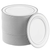 Glownary Halo White Plastic Plates with Silver Bands, 7 Inch, Round, BPA Free, Polystyrene, 150 Count, for Events and Weddings
