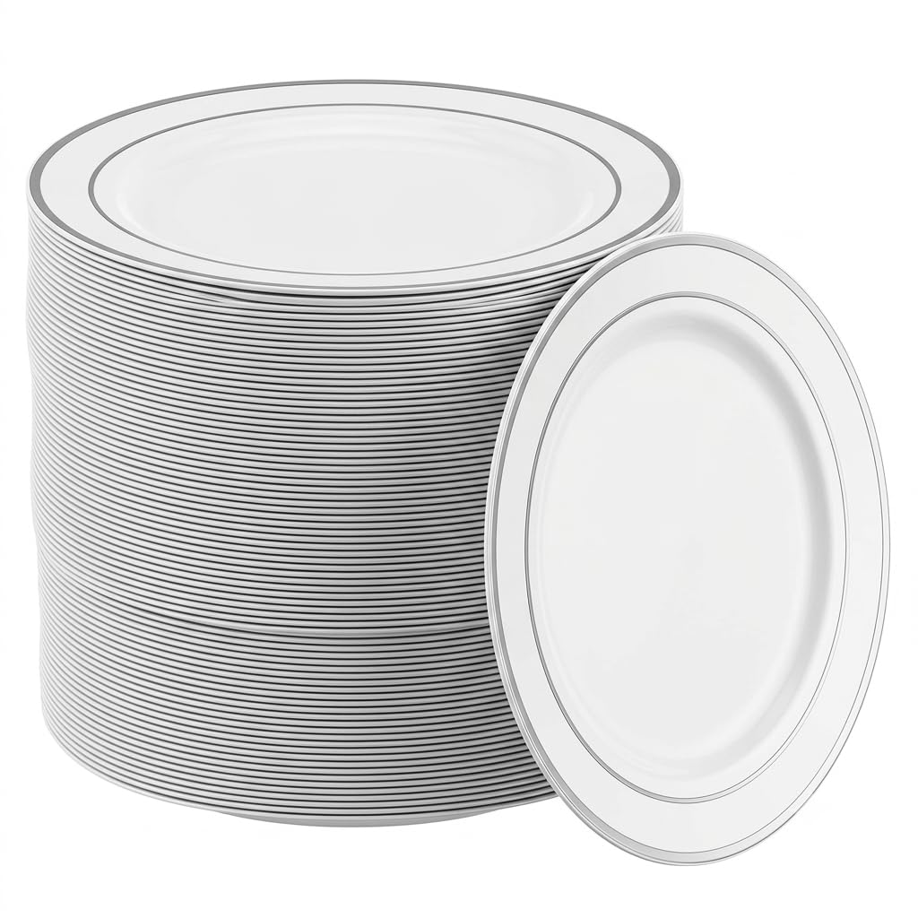 Glownary Halo White Plastic Plates with Silver Bands, 7 Inch, Round, BPA Free, Polystyrene, 150 Count, for Events and Weddings