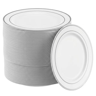 Glownary Halo White Plastic Plates with Silver Bands, 7 Inch, Round, BPA Free, Polystyrene, 150 Count, for Events and Weddings