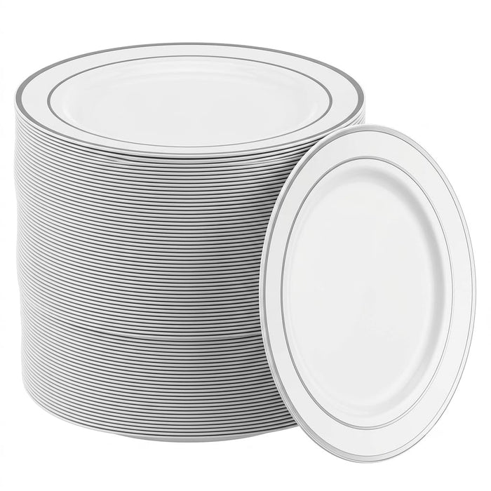 Glownary Halo White Plastic Plates with Silver Bands, 7 Inch, Round, BPA Free, Polystyrene, 150 Count, for Events and Weddings