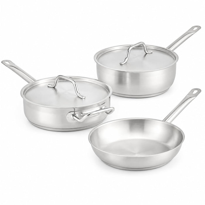 SS1 Series 5-Piece Induction Ready Cookware Set, Stainless Steel with Aluminum-Clad Bottom, 3 Qt Saucier, 3 Qt Saute Pan, 9.5 Inch Fry Pan, Silver, NSF Listed