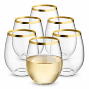 Glownary Coupe Dynasty Clear Plastic Stemless Wine Glass, Gold Rim, 12 oz, PET Material, 3.5 Inch Height, BPA Free, 64 per Case