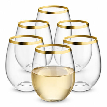 Glownary Coupe Dynasty Clear Plastic Stemless Wine Glass, Gold Rim, 12 oz, PET Material, 3.5 Inch Height, BPA Free, 64 per Case