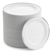 Glownary Plastic Plates, 9 Inch White with Silver Bands, Round Disposable Plates for Wedding and Events, BPA Free, 120 Count