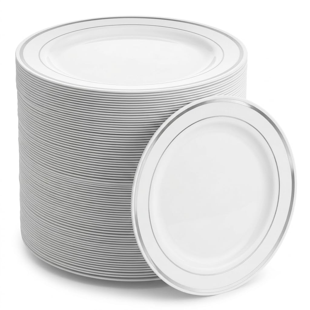 Glownary Plastic Plates, 9 Inch White with Silver Bands, Round Disposable Plates for Wedding and Events, BPA Free, 120 Count