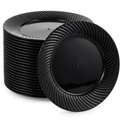 Glownary Wave Black Plastic Plates, 9 Inch, Round Scalloped Edge, BPA Free, for Events and Weddings, 180 Count