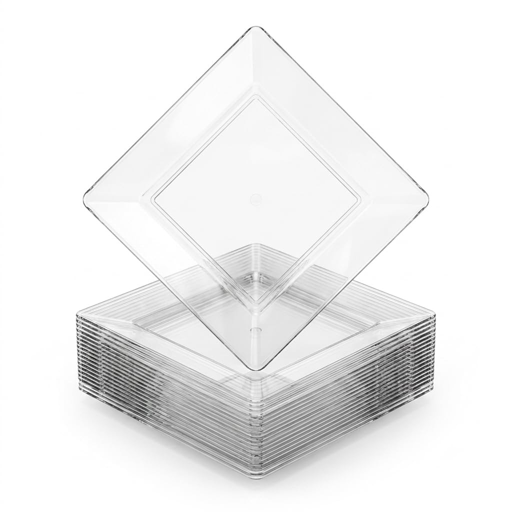 Glownary Square Clear Plastic Plates, 10 Inch, Polystyrene, Wide Rim, BPA Free, Recyclable for Wedding and Events, 120 Count