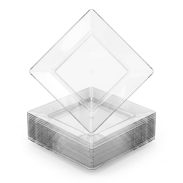 Glownary Square Clear Plastic Plates, 10 Inch, Polystyrene, Wide Rim, BPA Free, Recyclable for Wedding and Events, 120 Count