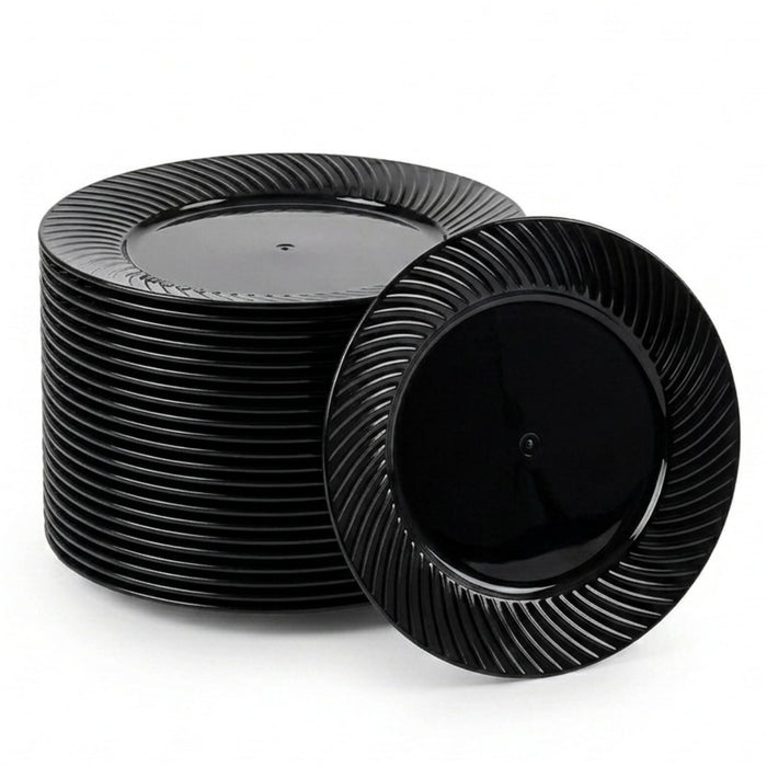 Glownary Wave Black Plastic Plates, 6 Inch Round, Polystyrene, Scalloped Edge, for Events and Weddings, 180 Count