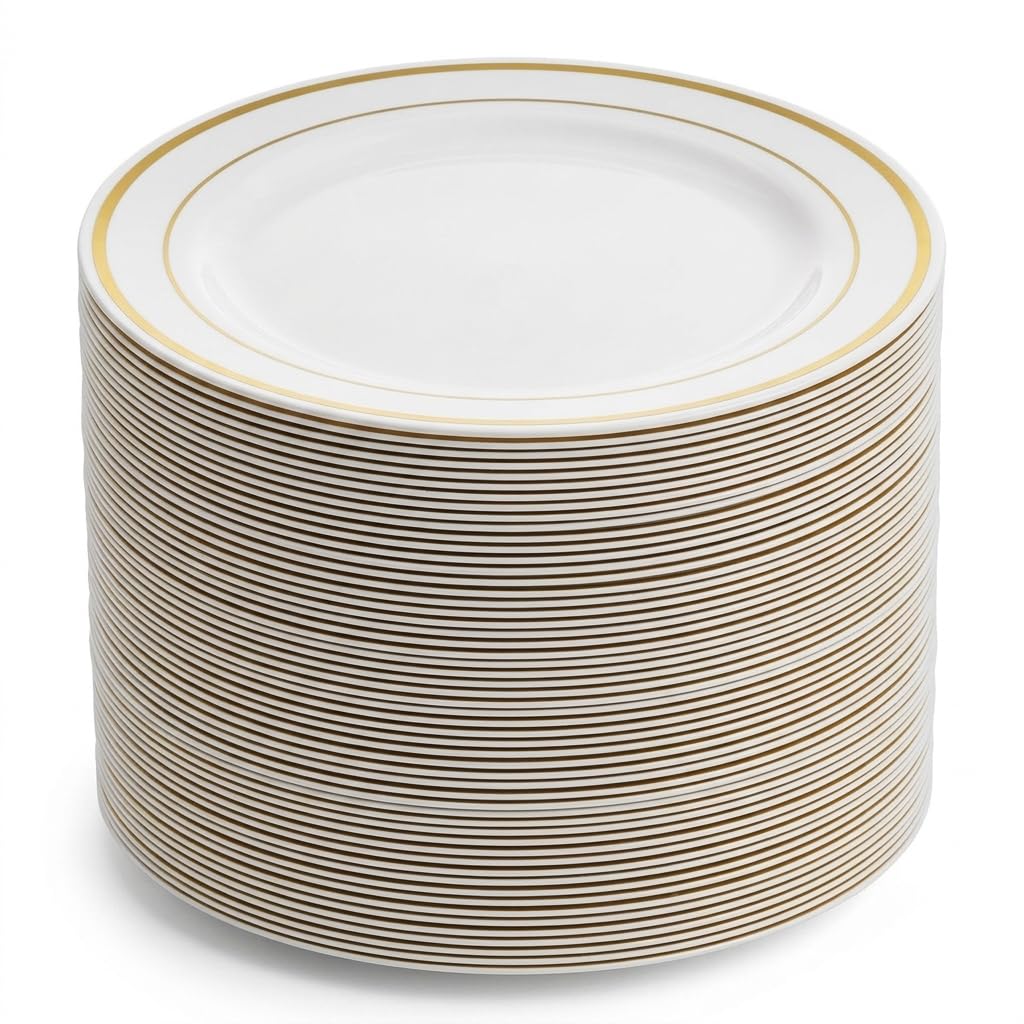 Glownary Halo Round Plastic Dinner Plates, Ivory with Gold Bands, 10 Inch, BPA Free, Disposable, 120 Count