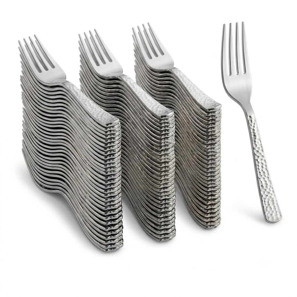 Glownary Hammered Silver Plastic Fork, 7.25 Inch Heavy Weight, Elegant Metallic Finish for Weddings and Events, 600 Count