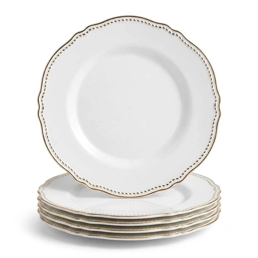 Glownary Heirloom White Round Plastic Plates with Gold Rim, 10 Inch, 120 Count, BPA Free, Disposable, for Events and Weddings