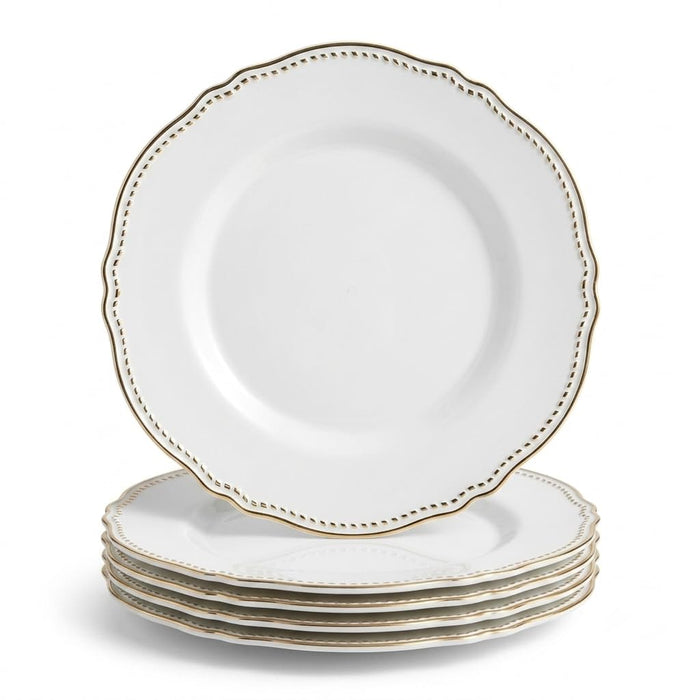 Glownary Heirloom White Round Plastic Plates with Gold Rim, 10 Inch, 120 Count, BPA Free, Disposable, for Events and Weddings