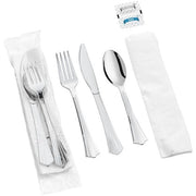 Glownary Fluted Heavy Weight Plastic Cutlery Set, Silver, Individually Wrapped with Napkin, Salt and Pepper, 100 Sets per Case