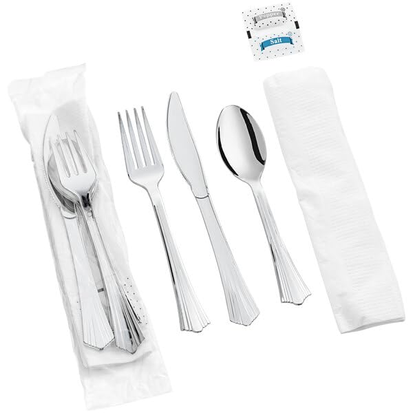 Glownary Fluted Heavy Weight Plastic Cutlery Set, Silver, Individually Wrapped with Napkin, Salt and Pepper, 100 Sets per Case