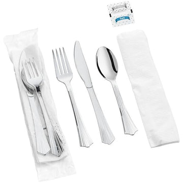 Glownary Fluted Heavy Weight Plastic Cutlery Set, Silver, Individually Wrapped with Napkin, Salt and Pepper, 100 Sets per Case
