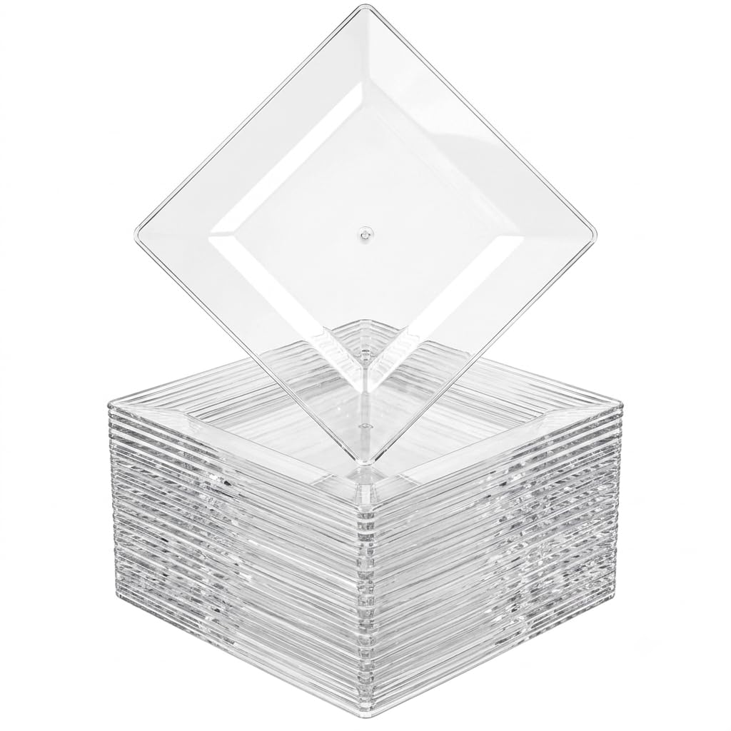 Glownary Square Clear Plastic Plates, 6 Inch, BPA Free, Wide Rim, Polystyrene Construction, Crystal Clear, 120 Count, for Wedding and Events