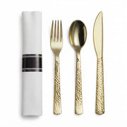 Glownary Hammered Gold Plastic Cutlery Set with Pre-Rolled White Linen-Feel Napkins, 18 x 15.5 Inch, Heavy Weight, 100 Count Case for Weddings and Events