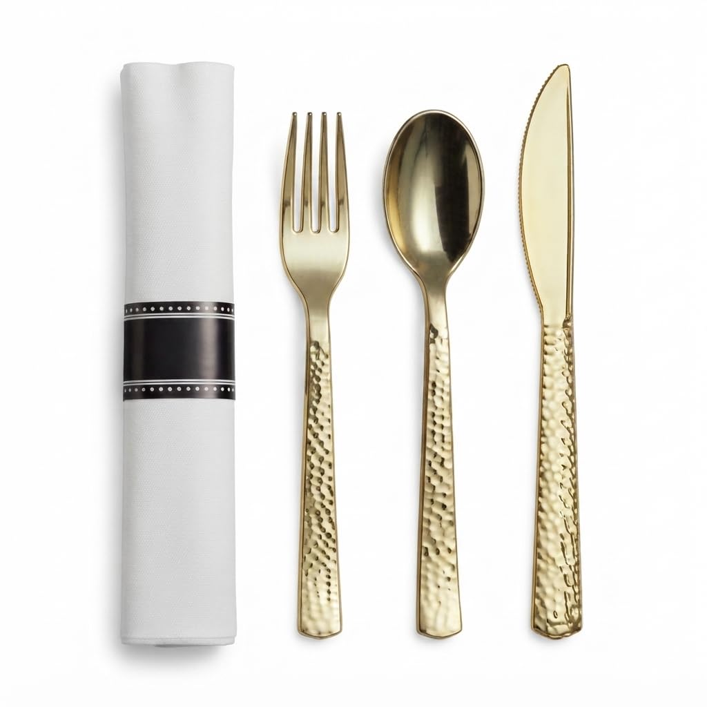 Glownary Hammered Gold Plastic Cutlery Set with Pre-Rolled White Linen-Feel Napkins, 18 x 15.5 Inch, Heavy Weight, 100 Count Case for Weddings and Events
