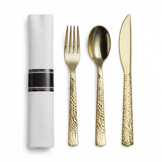 Glownary Hammered Gold Plastic Cutlery Set with Pre-Rolled White Linen-Feel Napkins, 18 x 15.5 Inch, Heavy Weight, 100 Count Case for Weddings and Events
