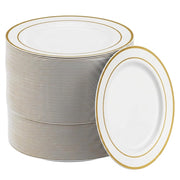 Glownary White Plastic Plates with Gold Bands, 7 Inch, Round, Disposable, BPA Free, 150 Count, for Wedding and Events