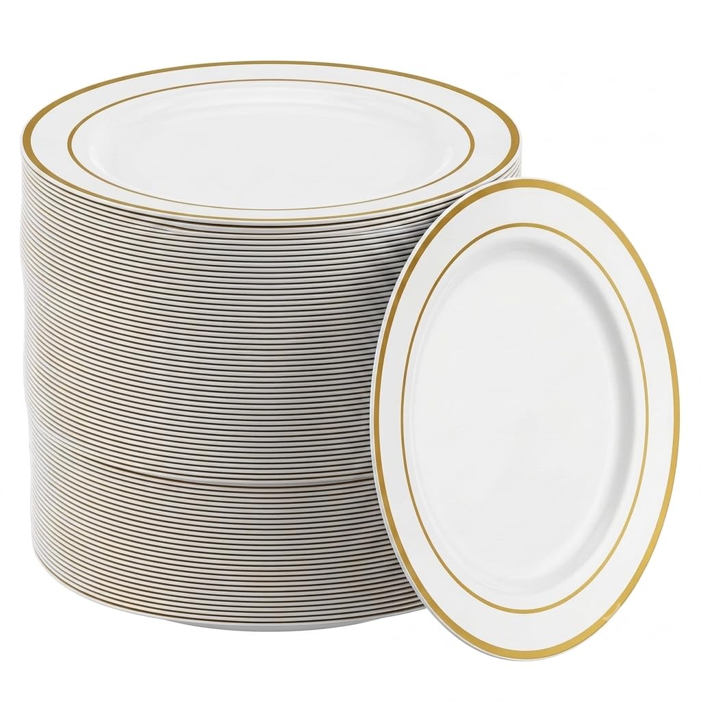 Glownary White Plastic Plates with Gold Bands, 7 Inch, Round, Disposable, BPA Free, 150 Count, for Wedding and Events