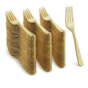 Glownary Hammered Gold Plastic Fork, 7.25 Inch, Heavy Weight, 400 Count per Case, Metallic Finish, for Weddings and Catered Events