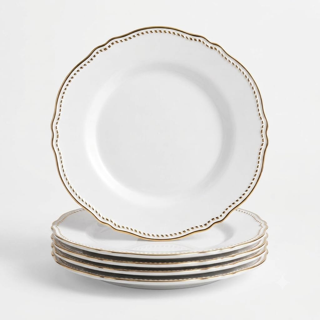 Glownary Heirloom White Round Plastic Plates with Gold Rim, 7.5 Inch, BPA Free, Disposable, for Events and Weddings, 120 Count