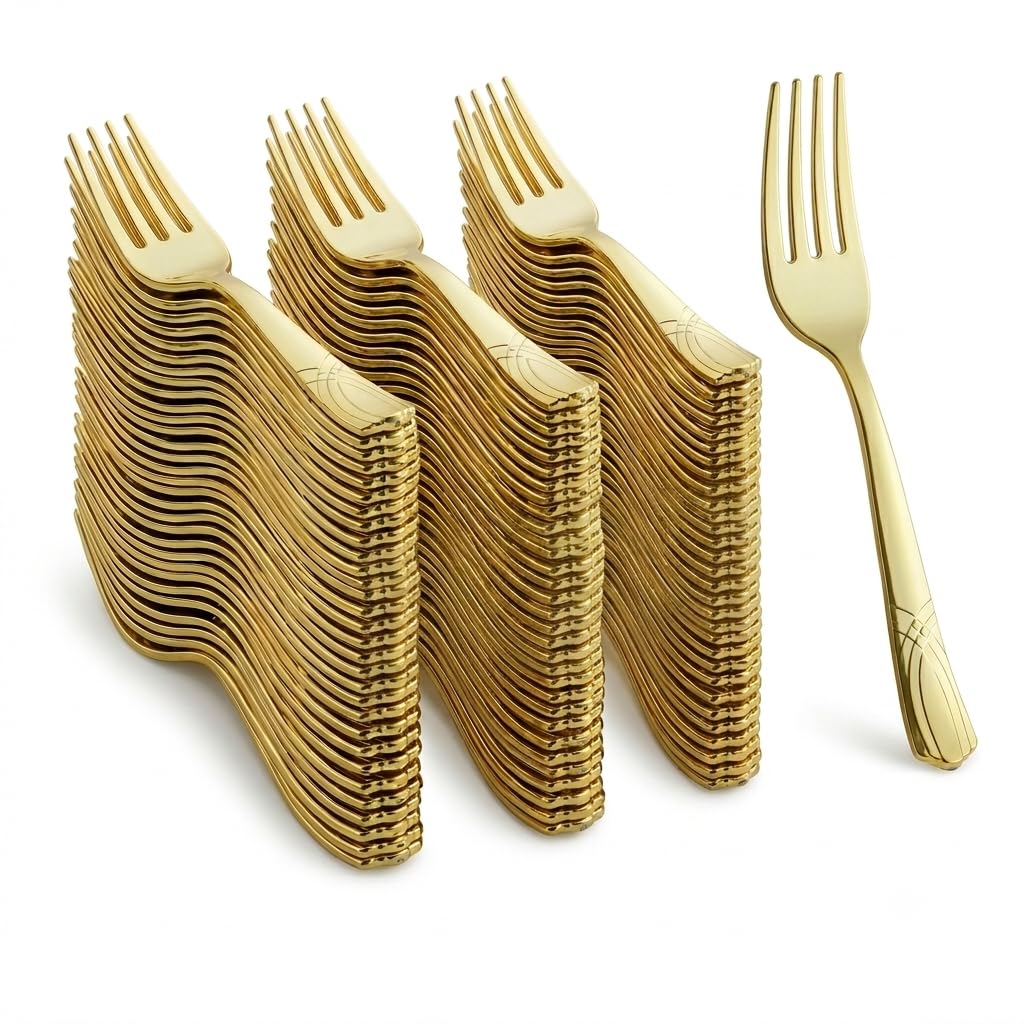 Glownary Skyline Gold Heavy Weight Plastic Fork, 7 Inch, 400 Count, Elegant Design for Weddings, Parties, Catered Events