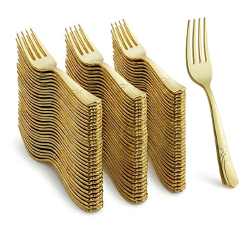 Glownary Skyline Gold Heavy Weight Plastic Fork, 7 Inch, 400 Count, Elegant Design for Weddings, Parties, Catered Events