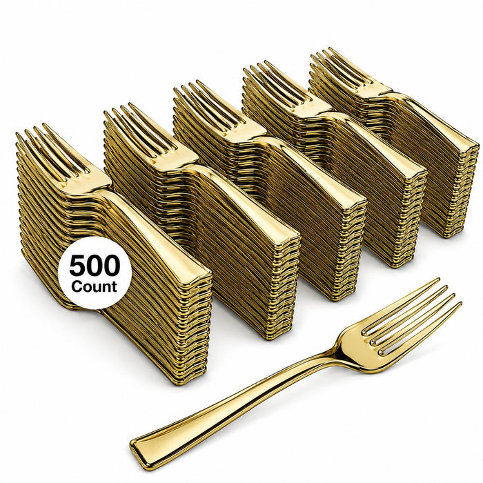 Glownary Gold Plastic Tasting Fork, 4 Inch Mini, Heavy Weight Polystyrene, BPA Free, 400 Count Box for Parties and Catered Events