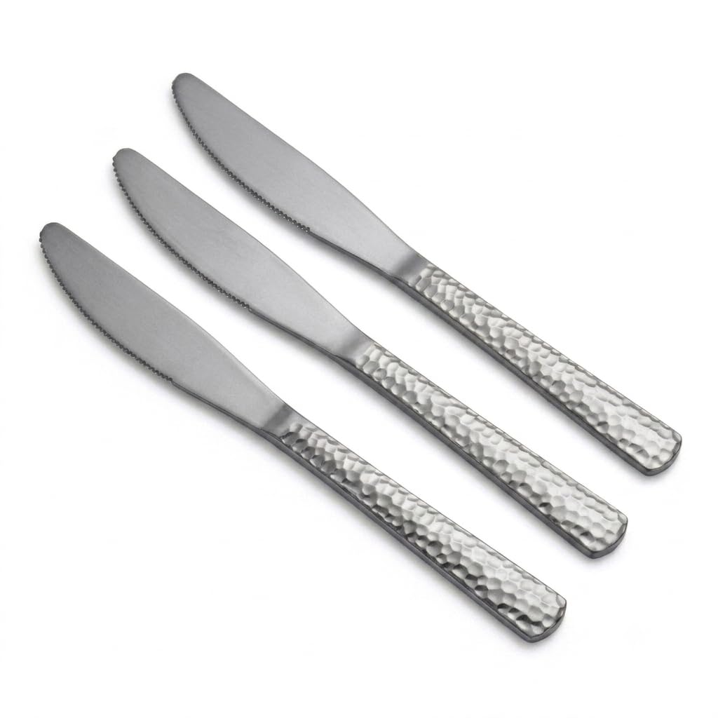 Glownary Hammered Silver Plastic Knife, 7.5 Inch, Heavy Weight, Disposable Flatware for Weddings and Catering, 600 Count