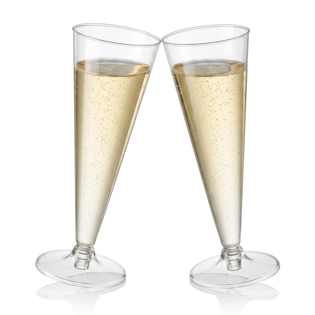 Glownary Clear Plastic Champagne Flutes, 6 oz, 2-Piece Design, Polystyrene Construction, BPA Free, 120 Count