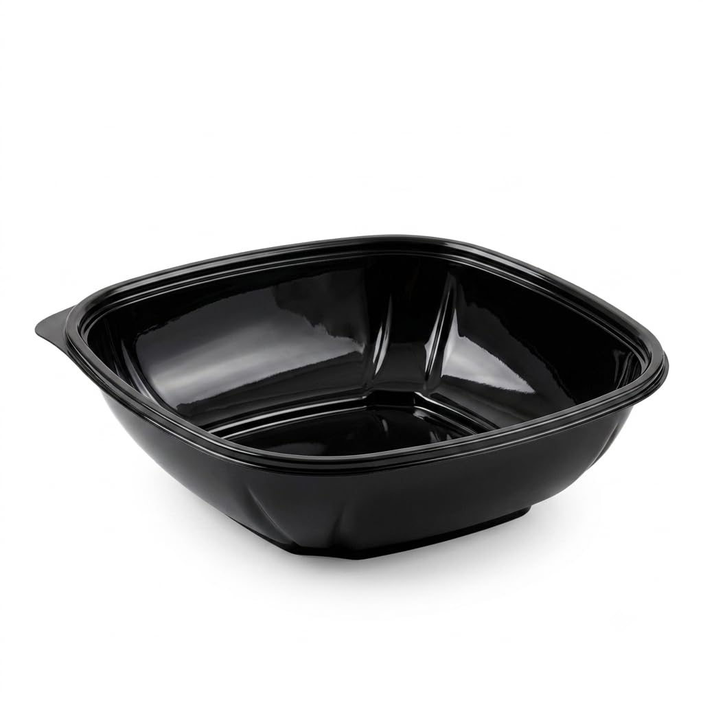 Glownary Black Square Serving Bowl, 32 oz, PET Plastic, 7.5 x 7.5 x 1.75 Inches, Stackable, BPA Free, 300 per Case
